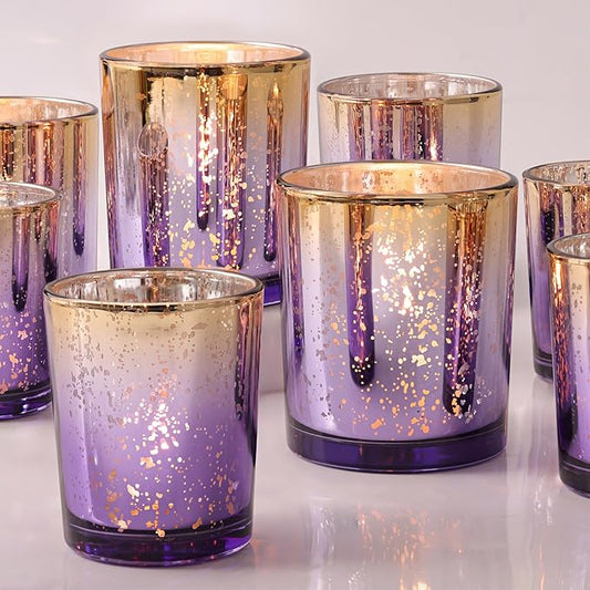 Volens 12pcs Assorted Purple Votive Candle Holders, Large Speckles Mercury Glass Votive & Tealight Candle Holder Bulk for Wedding Table Centerpiece, Purple and Gold Themed Party Decorations