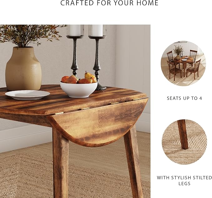 Signature Design by Ashley Berringer Dining Room Round Drop Leaf Table, Rustic Design, Seats 4, Hinged Extension Leaves, Small Space Solution, 42" W x 42" D x 30.63" H, Rustic Brown