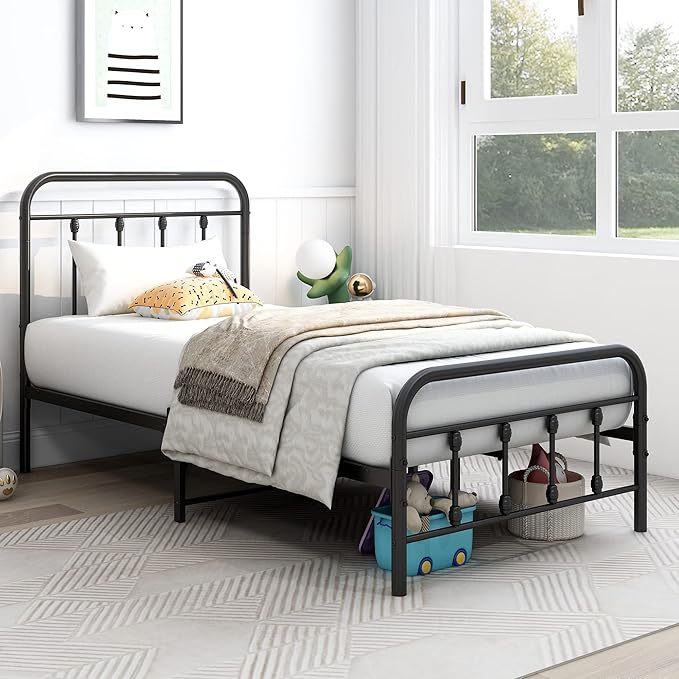 DUMEE Metal Twin Bed Frame with Vintage Headboard and Footboard Sturdy Premium Steel Slat Support No Box Spring Needed, Textured Black