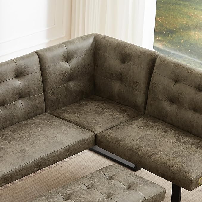 Modern L-Shaped Dining Bench, Vintage Fabric Upholstered Corner Sofa with Metal Legs for Kitchen Nook, Living Room, Dining Room (Brown)