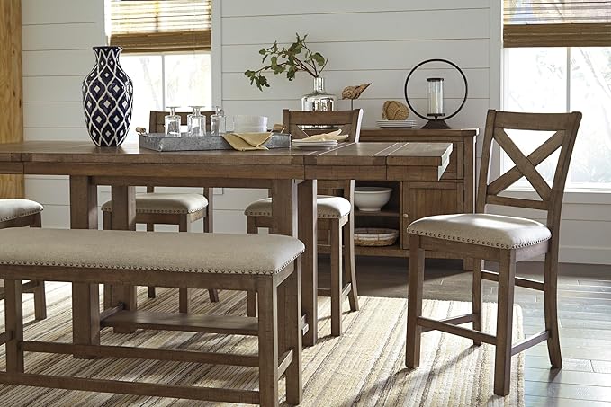 Signature Design by Ashley Moriville Rustic Farmhouse Counter Height Dining Extension Table, Separate Extension Leaves, Seats 8, Wood, 36" W x 86" D x 36" H, Brown