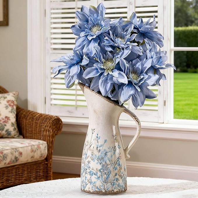 Vintage Ceramic Pitcher Vase with Handle, Farmhouse Blue and Brown Large Floral Vases, French Country Decorative Vase, Rustic Table Centerpiece for Home Decor Living Room, Bookshelf, Office 10.5 Inch