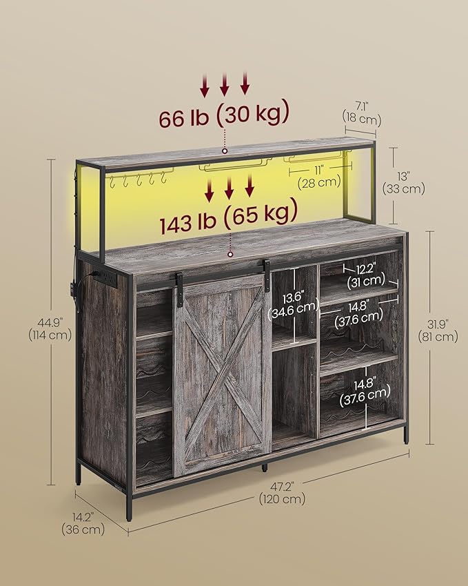 VASAGLE Coffee Bar Cabinet with Power Outlet and Voice Control LED Light, Buffet Cabinet with Sliding Barn Doors, S Hooks, Wine Glass Racks, Bottle Holders, Maple Gray ULSC201G01
