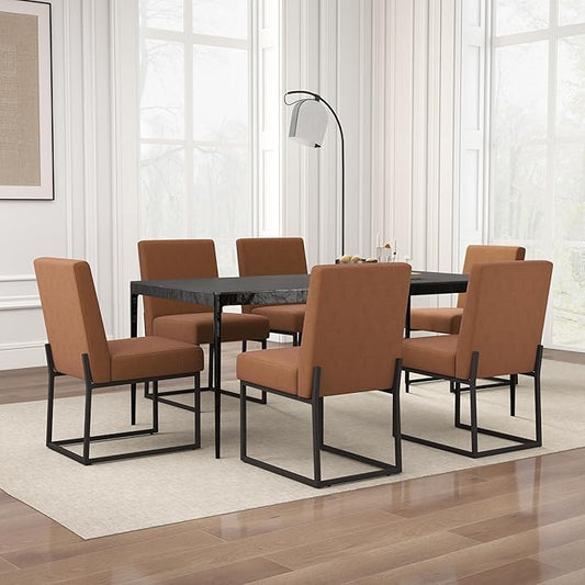 VKNOW Upholstered Dining Chairs Set of 6, Modern Dining Room Chairs, Linen Kitchen Chair Dinner Chair with Black Metal Base for Kitchen Office, Orange-Unstriped