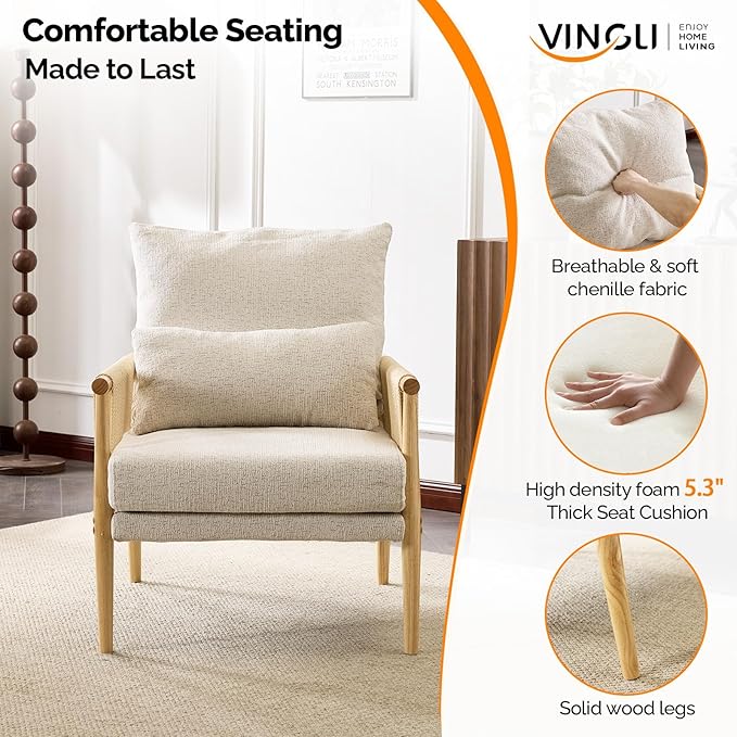VINGLI Boho Braid Accent Armchairs Set of 2,Mid-Century Modern Chiars with Solid Wooden Armrest,Comfy Louge Cushion Chairs with Waist Pillow for Bedroom,Living Room,Reading Room, Gray Beige