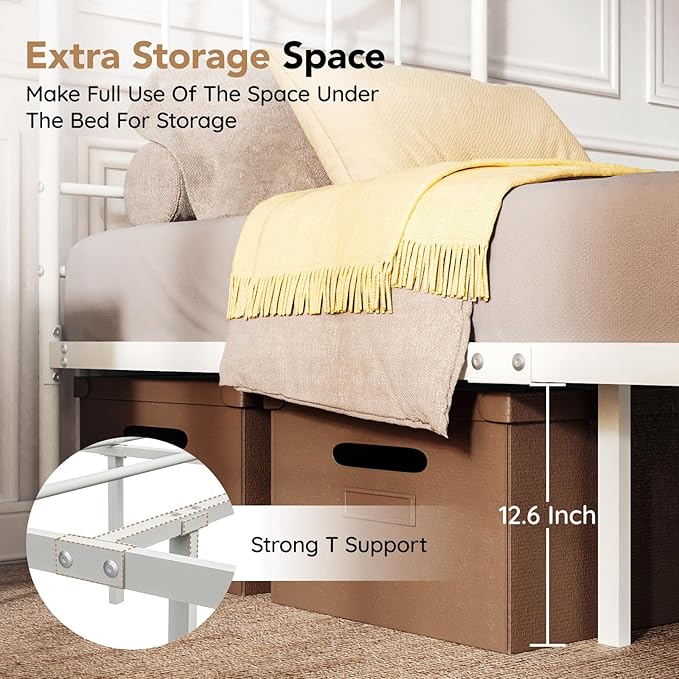 Twin Size Bed Frame with Headboard,14 Inch Tall Metal Platform Bed Frame Mattress Foundation with Footboard, Under Bed Storage, Strong Metal Slats Support, No Box Spring Needed, White