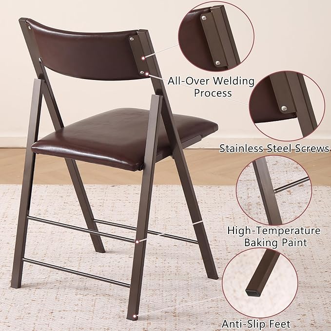 Folding Chairs with Cushion 2 Pack - Heavy Duty Steel Frame Foldable Dining Chairs, Waterproof Leather Indoor Outdoor Comfortable Folding Chairs for Home, Conference Rooms, Weddings, Events (Brown)