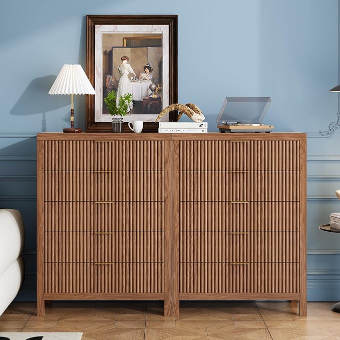 10 Drawer Dresser, 43" Tall Dresser Organizer TV Drawer Cabinet Modern Wood Storage Cabinet, Modern Wood Storage Cabinet for Bedroom, Hallway, Entryway, Walnut Oak X 2