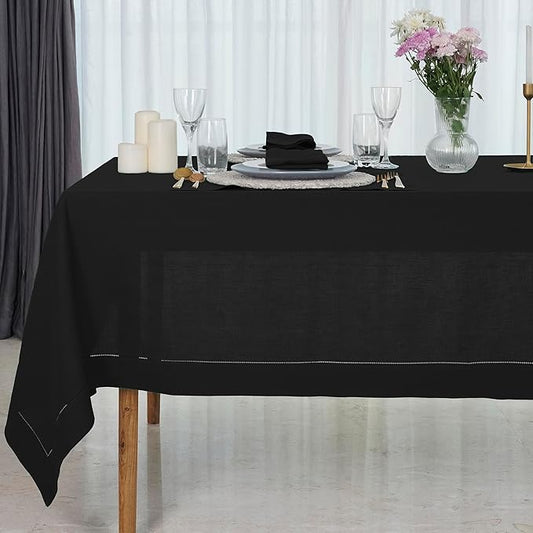 D'Moksha Homes Black Linen Tablecloth for Rectangle Tables 60 x 144 Inch - 100% Pure Linen Black Table Cloth - Classic Hemstitch, Machine Washable Dining Tablecloth for Christmas