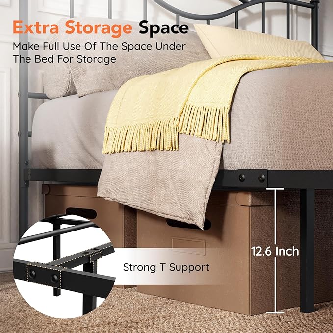 Full Size Bed Frame with Headboard,14 Inch Tall Metal Platform Bed Frame Mattress Foundation with Footboard, Under Bed Storage, Strong Metal Slats Support, No Box Spring Needed, Black