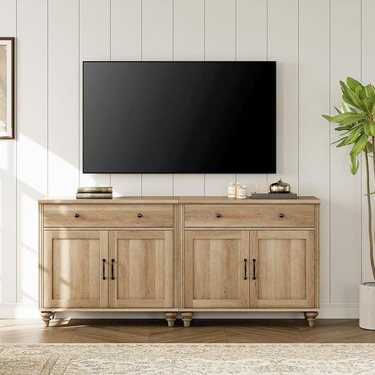 WAMPAT Farmhouse TV Stand for 75 inch TV with 4 Doors and 2 Drawers, Wood Universal TV Stand with Storage Cabinets, Oak Entertainment Center TV Console Table for Living Room, Bedroom