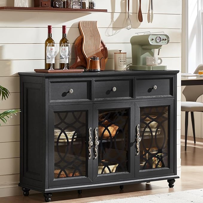 Farmhouse Sideboard Buffet Cabinet with Storage,48" Large Credenza with 3 Glass Doors & 3 Drawers,Adjustable Shelves Console Table,Wood Kitchen Coffee Bar for Dining Room,Living Room,Black