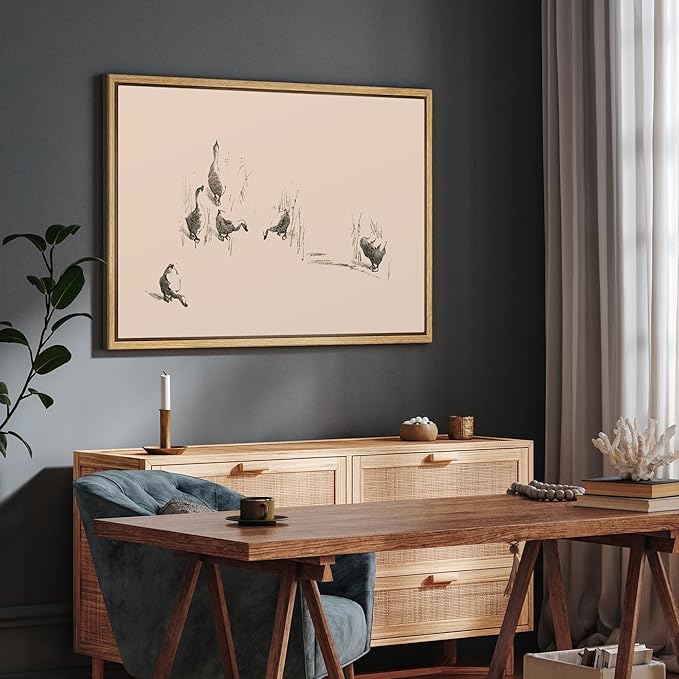 SIGNFORD Framed Canvas Print Wall Art Set Minimalist Duck Sketches Playful Waterfowl Line Illustrations Modern Art Farmhouse/Country Landscape for Living Room, Bedroom, Office - 24"x36" Natural