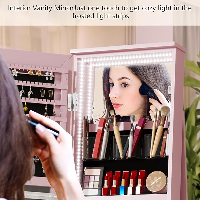 LVSOMT LED Mirror Jewelry Cabinet Standing, 360° Swivel Jewelry Organizers and Storage, Farmhouse Mirror with Jewelry Storage, Lighted Jewelry Armoire with Full Length Mirror (Pink)