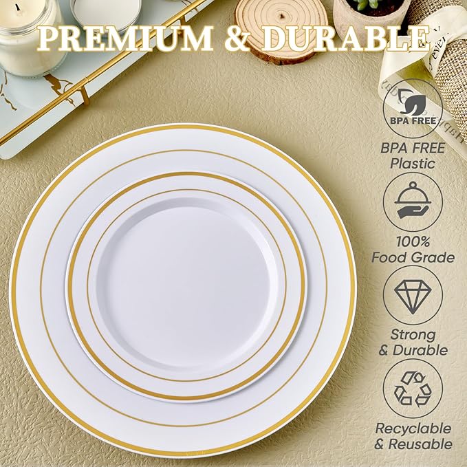FOCUSLINE Gold Plastic Plates Set of 60, Disposable Plates with Gold Rim 30 Dinner Plates 10" and 30 Salad Dessert Appetizer Plate 7", Elegant Fancy Heavy Duty Wedding Party Plates
