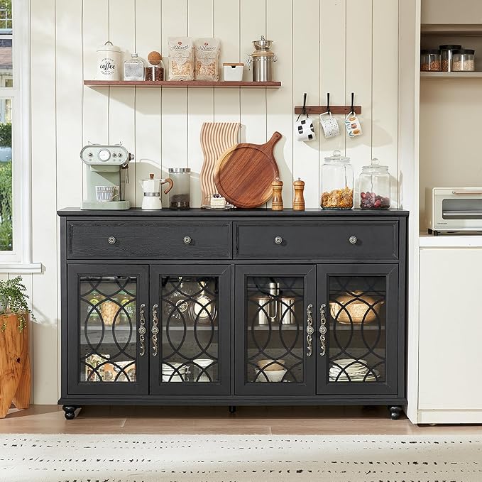Large Sideboard Buffet Cabinet with Storage,59" Credenza with 4 Glass Doors & 2 Drawers,Adjustable Shelves Coffee Bar,Wood Kitchen Console Table for Dining Room,Living Room,Black