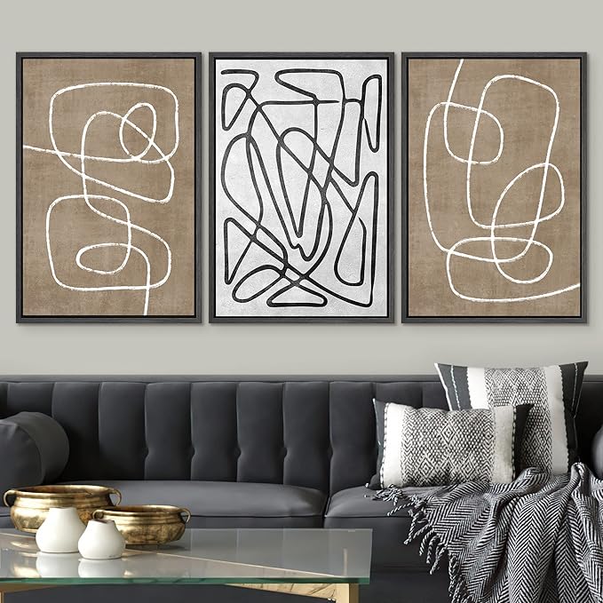 SIGNWIN Framed Canvas Print Wall Art Set Geometric Mid-Century Sketches Graffiti & Street Art Abstract Illustrations Modern Art Decorative Nordic for Living Room, Bedroom, Office - 16"x24"x3 Black