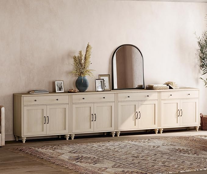 WAMPAT Farmhouse TV Stand for 85 inch TV with 8 Doors and 4 Drawers, Wood Universal TV Stand with Large Storage Cabinets, Beige Entertainment Center TV Console Table for Living Room, Bedroom