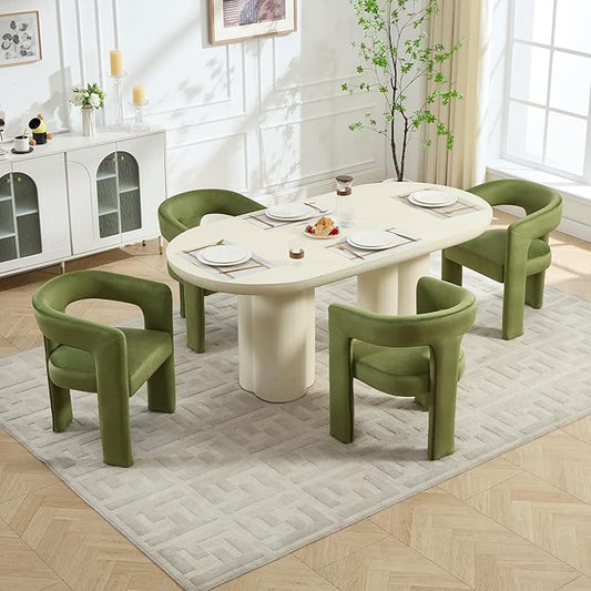 Modern Barrel Dining Chairs Set of 4, No Assembly Velvet Upholstered Dining Room Chairs with Open Back and 3 Legs, Comfy Accent Armchairs for Living Room/Bedroom/Kitchen/Reading, Green