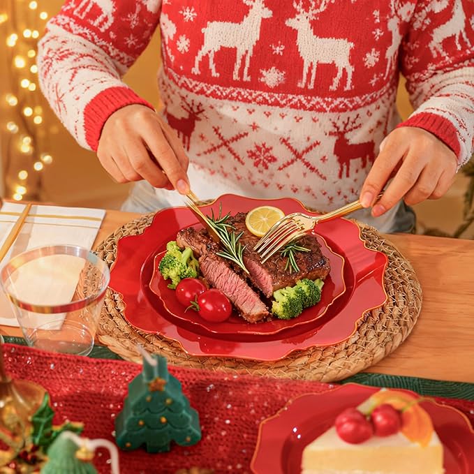 WDF 175Pcs Red Plates - Red Plastic Plates with Gold Rim - Fancy Disposable Dinnerware Sets Ideal for Party/Wedding/Christmas