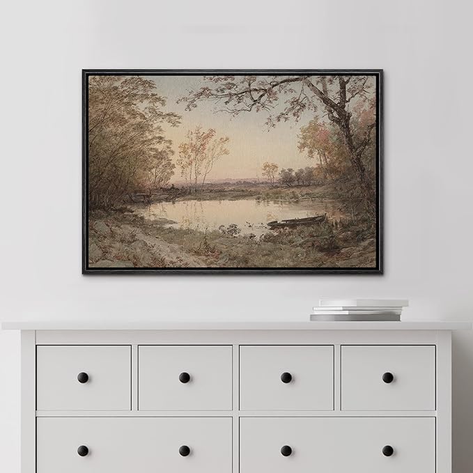 MUDECOR Framed Canvas Print Wall Art Rustic Country Farmhouse Forest Lake Nature Wilderness Antique Retro Fine Art Shapes Illustrations Decorative Colorful Multicolor for Bedroom - 24"x36" Black