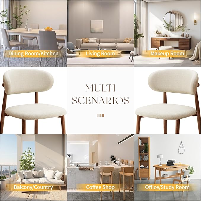 Kitchen Dining Chairs Set of 6 Modern Soft Linen Farmhouse Dining Room Chair with Metal Legs, Beige/Walnut