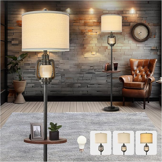 Farmhouse Lantern Floor Lamp with Tray For Living Room with Nightlight Vintage Tall Lamp With Linen Fabric Shade Industrial Standing Lamp For Bedroom Office Home House Study(Bulb Included)