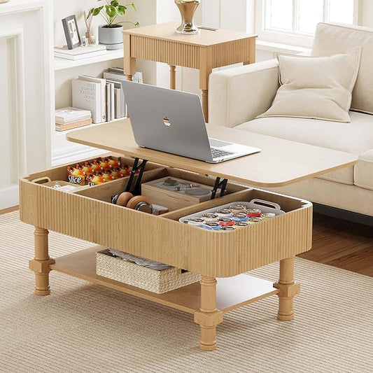 Fluted Coffee Table, Lift Top Coffee Table with Hidden Compartments & Storage Shelf, Mid Century Modern Rising Dining Center Tables for Living Room Office Small Space,Pre-Built (Natural)