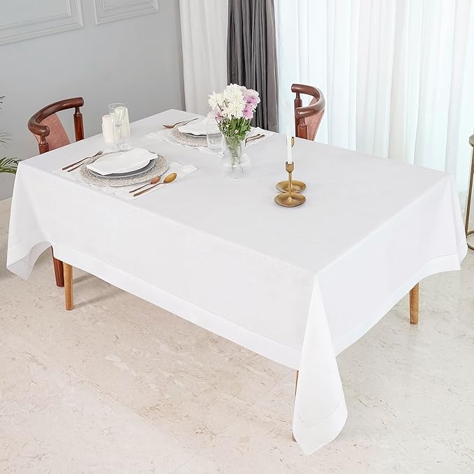 D'Moksha Homes White Linen Tablecloth 60 x 156 Inch - 100% Pure Linen White Tablecloth for Rectangle Tables - Classic Hemstitch, Machine Washable Table Cloth for Winter, Christmas, Holiday