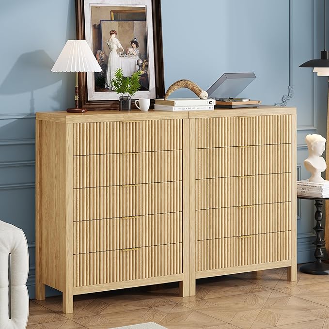 10 Drawer Dresser, 43" Tall Dresser Organizer TV Drawer Cabinet Modern Wood Storage Cabinet, Modern Wood Storage Cabinet for Bedroom, Hallway, Entryway, Natural X 2