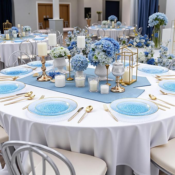 Rubtlamp 150Pcs Blue Christmas Plastic Plates, Gold Plastic Dinnerware Set For 30 Guest, Hammered Heavy Duty Plates with Gold Rim Include 30Dinner Platos, 30Salad Platos,90 Cutlery For Christmas