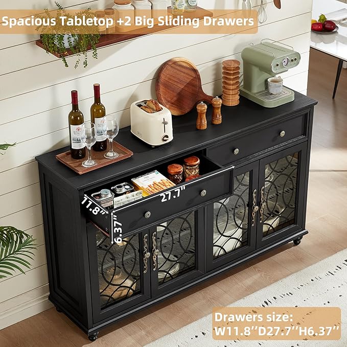 Large Sideboard Buffet Cabinet with Storage,59" Credenza with 4 Glass Doors & 2 Drawers,Adjustable Shelves Coffee Bar,Wood Kitchen Console Table for Dining Room,Living Room,Black