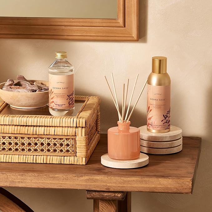 Thymes Petite Reed Diffuser Set – Includes Rattan Wood Sticks, Fragrance Oil, & Glass Bottle – Home Fragrance Oil Diffuser – Luxury Home Decor – Bedroom Decor (Sienna Sage, 4 fl oz)