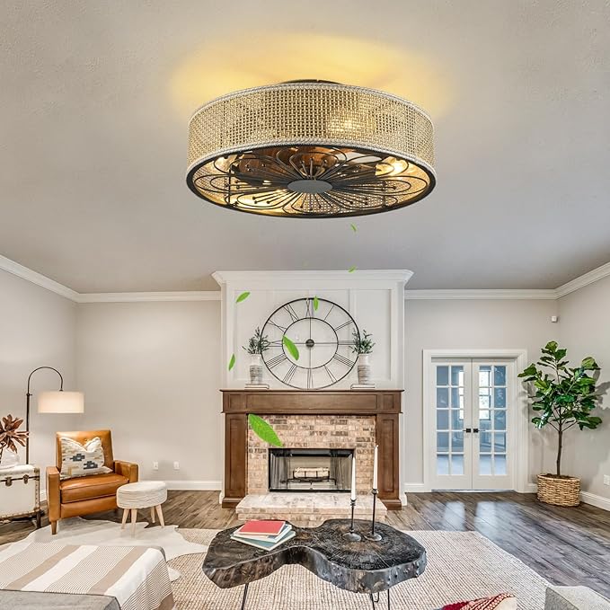 Modern Boho Rattan Flush Mount Ceiling Fans with Lights and Remote Control Low Profile Bladeless Ceiling Fan Timer and 6-Speed Reversible Motor for Bedroom, Kitchen, Dining Room Include Bulbs