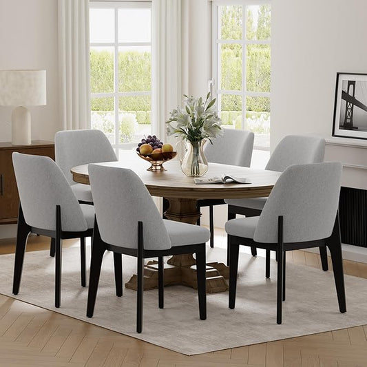 VKNOW Wooden Dining Chairs Set of 6, Upholstered Dining Room Chairs with Rubberwood Legs and Padded Seats, Kitchen Chairs for Restaurant Kitchen Living Room, Grey