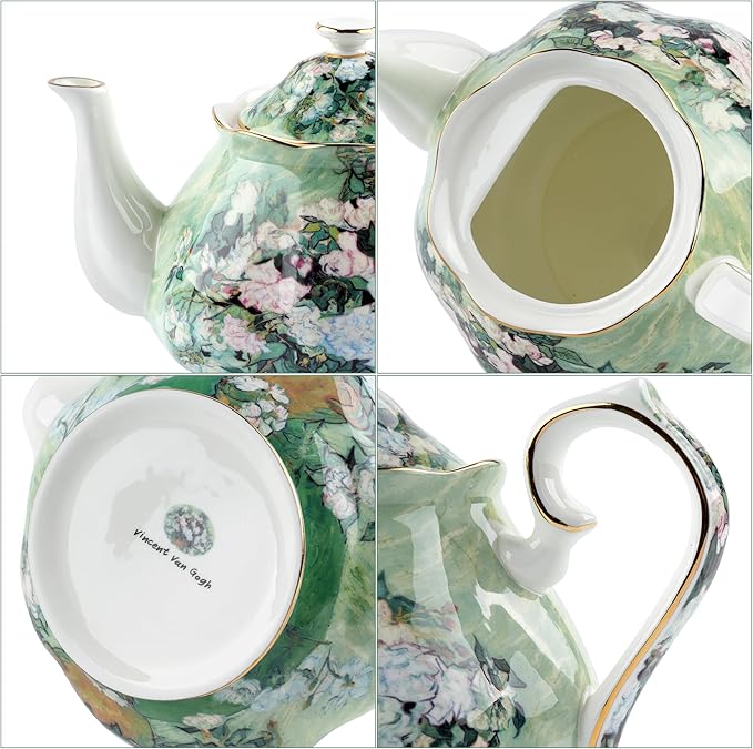 Teapot 30 oz Van Gogh Paintings Bone China Loose Tea Pot Floral Design Vintage Ceramic Coffee Water Pot European Style Porcelain (White Rose)