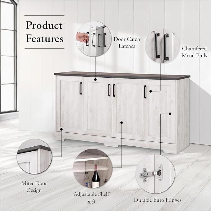 Prepac Rustic Ridge 4 Door Console Table with Storage, Washed White Storage Cabinet with Doors and Shelves, Sideboard Storage Cabinet 66" W x 31.75" H x 16" D, ACBG-1620-1