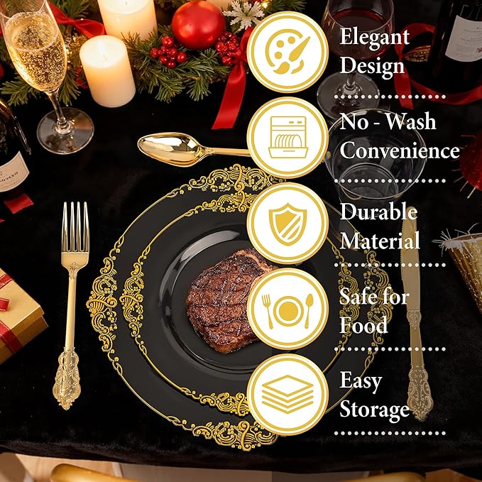 Nervure 100PCS Black Gold Plastic Plates - 7.5 inch Black Plastic Plates with Gold Rim - Disposable Dessert Plates for Wedding & Party & New Year