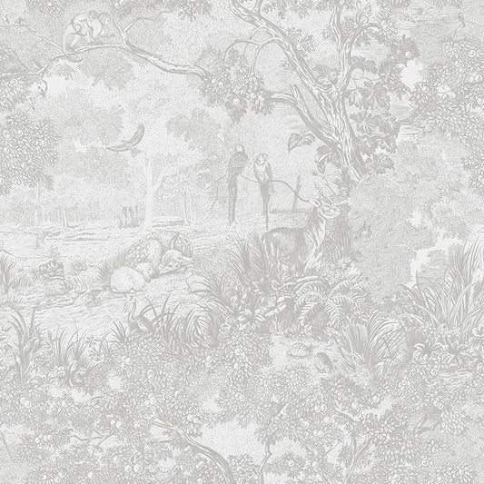 Heroad Peel and Stick Wallpaper Grey and White Vintage Forest Animals Floral Wallpaper Removable Self-Adhesive Contact Paper for Bedroom Living Room Cabinets Decoration Thicken Vinyl 17.3" x 197"