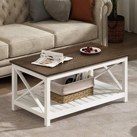 ChooChoo Coffee Table, Rustic Farmhouse Table with Shelf for Living Room, Vintage Finish White