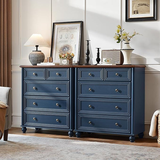 Farmhouse 5 Drawer Dresser Set of 2, Blue Rustic Chest of Drawers, 35.5" Tall Small Dressers for Bedroom with Roman Column and Metal Handles,Wood Storage Organizer for Living Room,Hallway,Closet