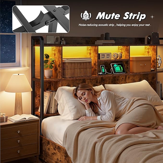 Queen Bed Frame with Storage Headboard & 4 Large Drawers Bed Frame Queen Size with 51" Tall Headboard 9 Compartments Led Lights & Charging Station,No Box Spring Needed, No Noise,Vintage Brown
