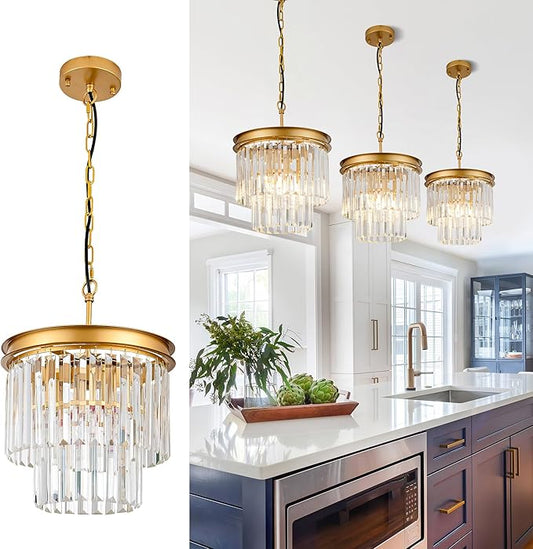 3-Pack Crystal Pendant Light 11.8" Modern Gold Chandelier 2-Tier Luxury Crystal Hanging Ceiling Light Fixture for Hallway Dining Room Living Room Bedroom Kitchen Island