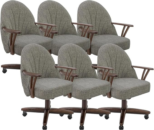 Chromcraft Set of 6 Swivel Tilt Chairs, Luxe Wooden Arm All-Metal Pedestal Base Chairs with Wheels for Kitchen