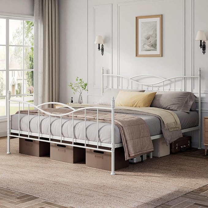 King Size Bed Frame with Headboard,Metal Platform Bed Frame Mattress Foundation with Footboard, Under Bed Storage, Strong Metal Slats Support, No Box Spring Needed, White
