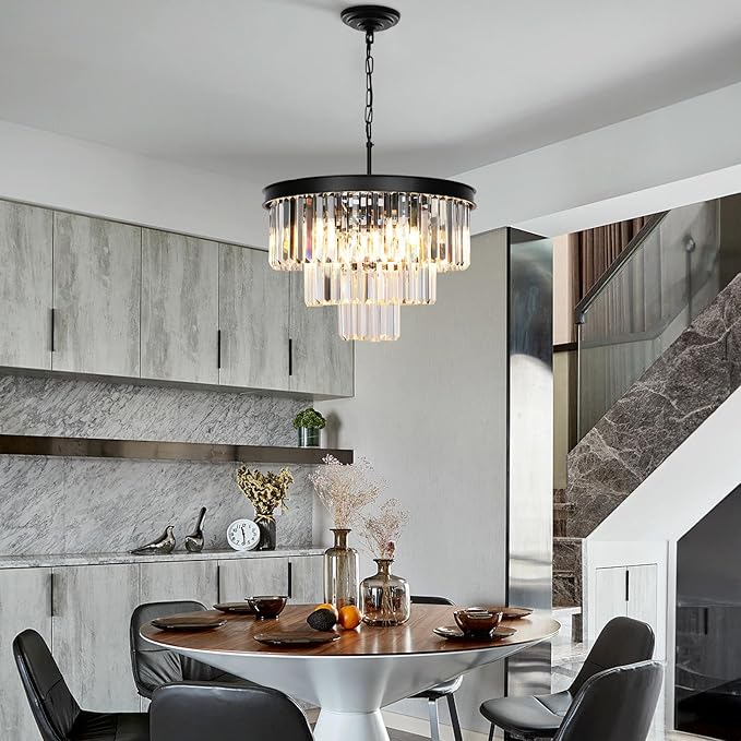 Crystal Chandeliers for Dining Room Lights Fixtures, 9 Lights Black Modern Chandeliers for Bedroom, 3-Tier Round Crystal Lighting Fixtures for Living Room Entryway Kitchen Island D20 Inch