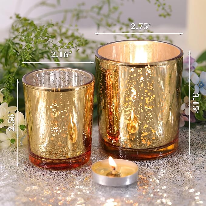 Volens 12pcs Assorted Gold Votive Candle Holders, Large Speckles Mercury Glass Votive & Tealight Candle Holder Bulk for Wedding Table Centerpiece, Gold Themed Party Decorations and Home Decor
