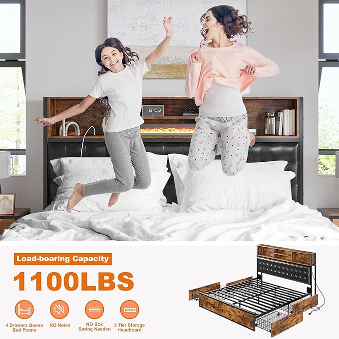 EnHomee Queen Bed Frame with 4 Storage Drawers, Bed Frame Queen Size with Upholstered Headboard and Built in Charging Station, No Noise, Metal Support, No Box Spring Needed,Vintage Brown