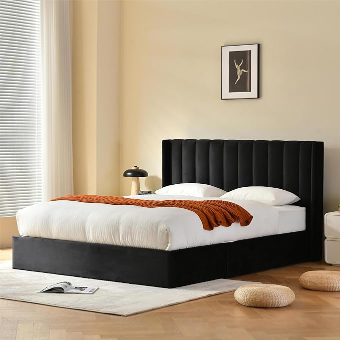 YUHUASHI Queen Size Hydraulic Storage Bed, Upholstered Platform Bed Frame, Modern Wingback Design Headboard, Velvet Fabric with Hydraulic Support Bars, No Box Spring Required (Black, Full)
