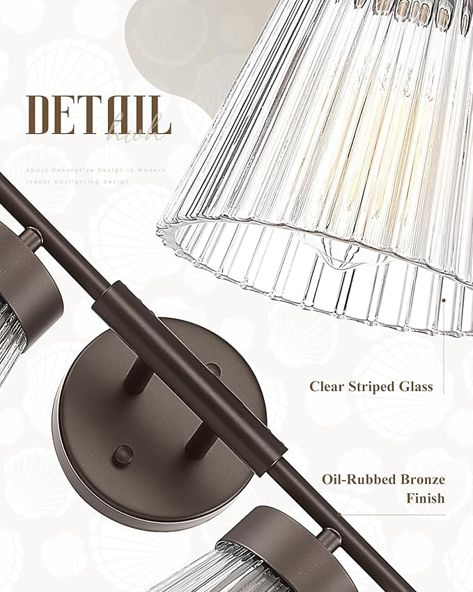 4-Light Bathroom Vanity Light, HWH Oil-Rubbed Bronze Bathroom Light Fixtures Farmhouse Vanity Lamp Over Mirror with Clear Striped Glass Shade, 5HZG97B-4W ORB